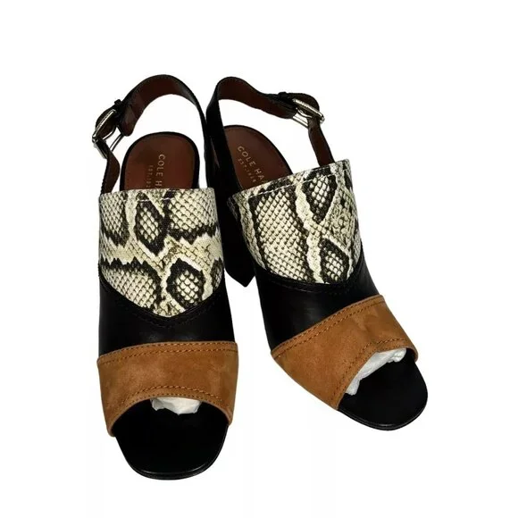 Cole Haan Roccia Snake Black Tabby High Heel Peep Toe Slingback Sandal Size 10B - Picture 2 of 16